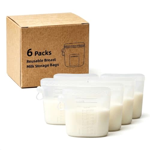 6 Pcs Reusable Silicone Breast Milk Storage Bags freezer with Double-Seal Design 9oz/260ml, BPA Free, One-Piece, Self-Standing Milk Bags for Breastfeeding, Baby Food Pouches