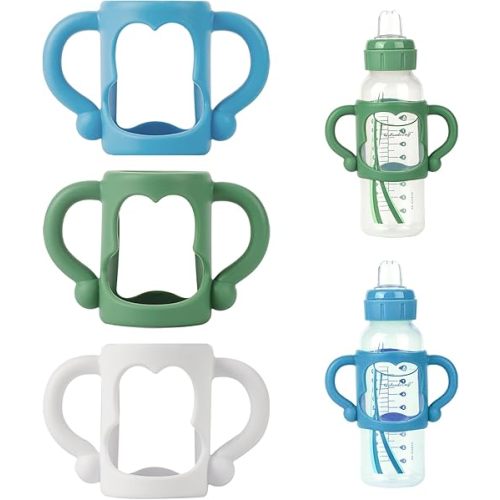 Bottle Handles for Dr. Brown's Narrow Baby, Wide-Neck, Removable Easy-Grip Transitional Sippy Cup Handles, 100% Silicone-BPA-Free Material, 4m+ (White, Green, Blue)