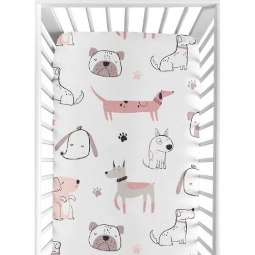 Sweet Jojo Designs Girl Baby Fitted Crib Sheet Cartoon Puppy Dog White and Pink
