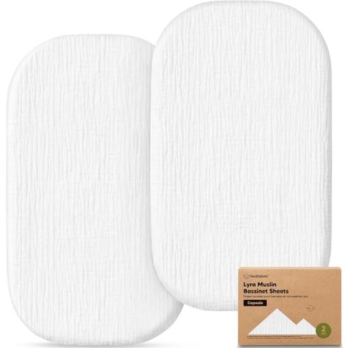 2pk Muslin Baby Bassinet Sheets Girls Boys 33x20 (Soft White, Oval Capsule) | 100% Cotton Organic Bassinet Sheets, Compatible with Maxi Cosi Iora Bassinet Mattress, Machine Washable Bassinet Fitted Sheet