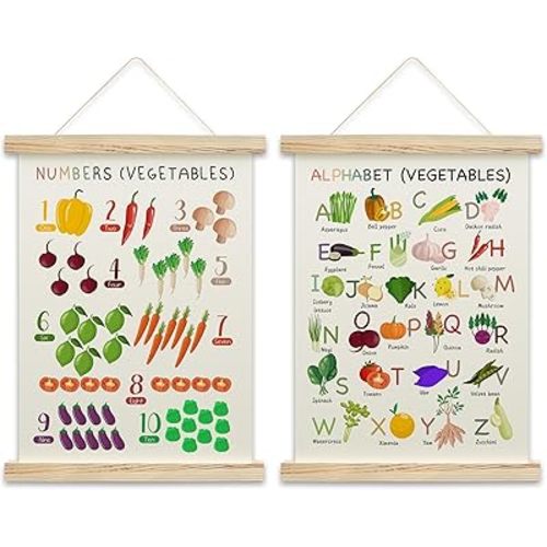 OZTEMETY Vegetable Alphabet Numbers Poster Hanger Frame, Number Chart 1-10 For Kids For Wall, Toddler Learning Posters, Toddlers Kids Classroom Playroom Decor, Set Of 2 -B07