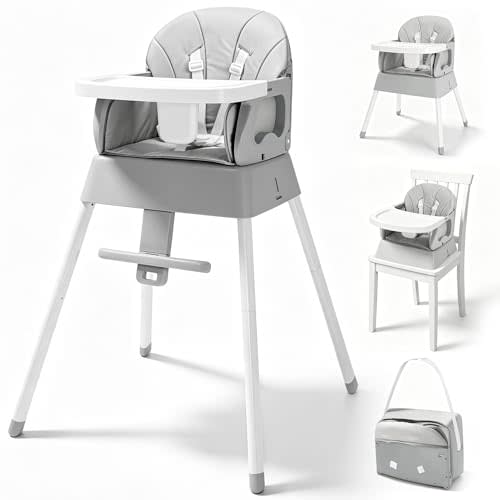 5 in 1 Foldable Baby High Chair,Convertible Highchair for Babies and Toddlers-Portable Infant Booster Seat,Foldable Dining Chair,Toddler High Chair with 5-Point Harness,Removable Tray (Grey)