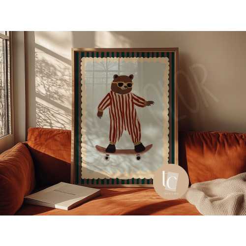 Funny Bear Skateboard Nursery Print, Retro Kids Room Wall Art