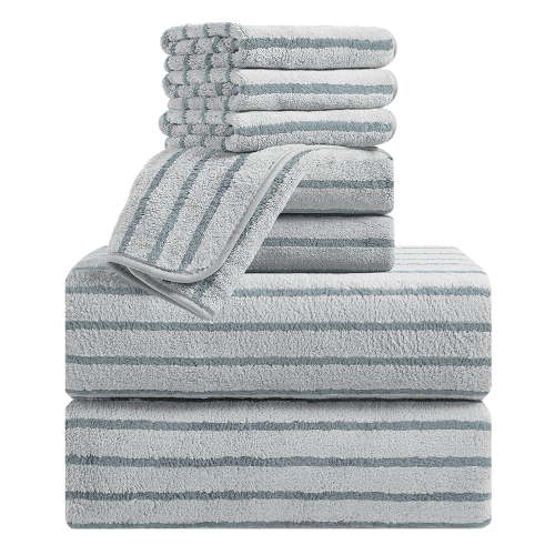 Jessy Home 8 Pcs Light Gray Bicolor bar Stripe Large Bath Towels Set 2 Oversized Bathroom Towels, 2 Hand Towels, 4 Washcloths