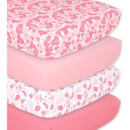The Peanutshell Floral & Blush Pink Fitted Crib Sheet Set for Baby Girls | 4 Pack Set | Floral Punch & Solid Pink