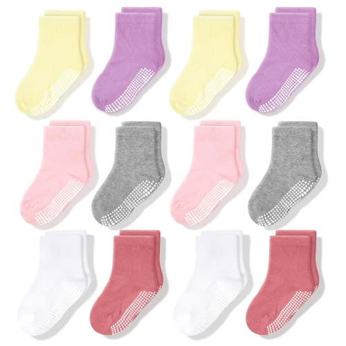 CozyWay Toddler Girl Socks With Grippers Non Slip Crew Grip Socks for Girls Soft Comfy Cotton - 1T-3T Multi Color Pink - 12 Pack