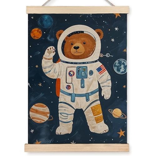 URLLUAE Astronaut Bear Space Wall Art Posters for Kids Room, Cute Outer Space Planet Poster Hanger Frame for Boys Bedroom Classroom Nursery Playroom Wall Decor, 12x16 Inch