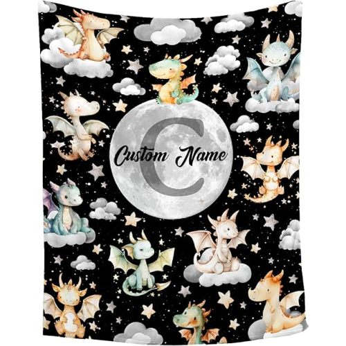 Personalized Dragon Baby Blanket for Girls & Boys - Custom Name Swaddle Blanket for Toddlers, Infants & Newborns - Nursery Stroller Crib Decor Throw - Birthday Gift