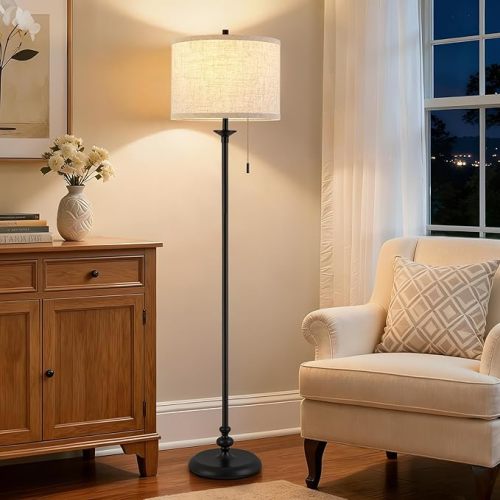 Black Floor Lamp, 60" Standing Lamp Tall Lamp with Fabric Lampshade&Pull Chain Corner Floor Lamps for Living Room, Bedroom & Office Bulbs Not Included