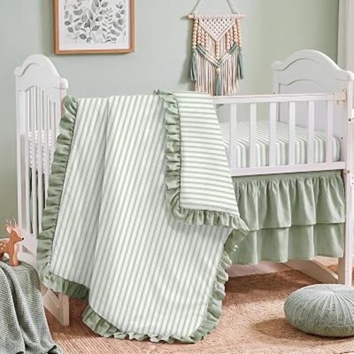 3 Pcs Sage Green Stripe Crib Bedding Set for Baby Girls & Boys