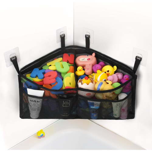 Bath Toy Organizer, Triangle Corner Bath Toy Storage, Quick Access Bath Toy Holder for Bathtub, Large Capacity Bath Storage for Toys, Quick Dry Mesh Toy Holder For Bath Hanging (Black)