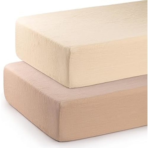 Muslin Crib Sheets for Girl Boy, 2 PCS Soft and Breathable Cotton Baby Sheets for Standard Crib Mattress, 52"x 28" (Beige, Blush)