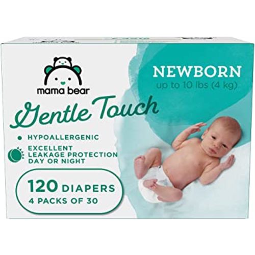 Amazon Brand - Mama Bear Gentle Touch Diapers, Hypoallergenic, Newborn, 120 Count (4 Packs of 30), White