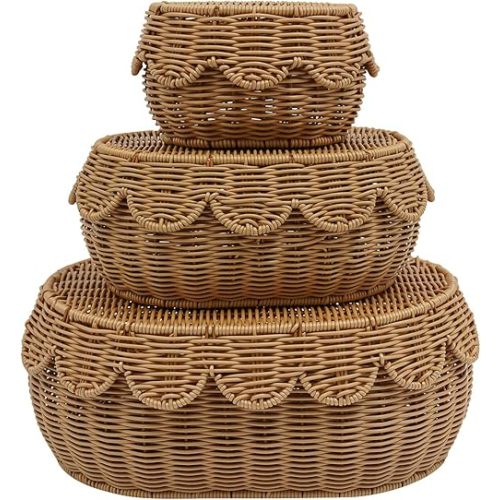 3 Pcs Scalloped Rattan Baskets with Lids, Woven Wicker Storage Baskets with Lids for Organizing, Scalloped Edge Baskets for Nursery, Bathroom, Medium, Large, Small, Oval