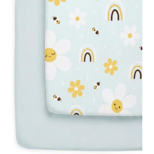 Pack and Play Sheets Fitted - 2 Pack Mini Crib Sheets for Pack N Play Mattress - Unisex Playard Microfiber Bedding for Boys & Girls - Breathable & Wrinkle Free - Oeko-Tex, 38 x 26in - Rainbow Bloom