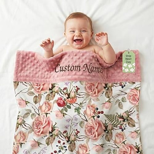 Ship Next Day Custom Zero Shedding Handmade Embroidered Baby Swaddle Blanket with Name Text Picture Personalized Minky Anniversary Newborns Gift Throw for Boy Girl Kid from Dad Mom (Girl Pink)