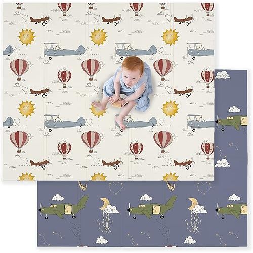 JumpOff Jo Baby Play Mat - Large Folding Foam Play Mat for Infants, Babies, Toddlers, Waterproof, Double-Sided (70" x 59") - Take Flight