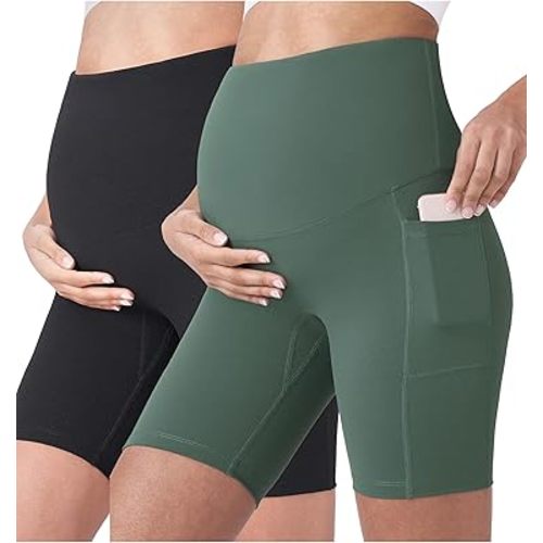 POSHDIVAH Women's Maternity Yoga Shorts Over The Belly Bump Summer Workout Running Active Short Pants with Pockets 5"/8"