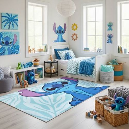 Licensed Disney Stitch Modern Hawaiian Character Printed Flannel Non-Slip Washable Indoor Kids Area Rug, Blue Botanical, 54"x78"
