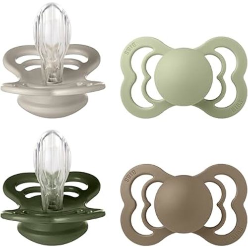 BIBS Supreme Soother 4-Pack, BPA Free Dummy Pacifier, Symmetrical Nipple. Silicone, Made in Denmark. Size 2 (6-18 Months), Sand/Sage/Hunter Green/Dark Oak