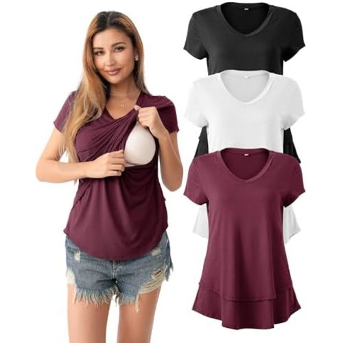 SUNNYBUY 3 Pack Hidden Nursing Tops for Breastfeeding Women Double Layer V Neck Maternity Shirts Postpartum Tee