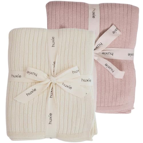 Knitted Organic Cotton Baby Blanket- Swaddle Blanket, 30" x 40" Soft Receiving Blanket for Newborn 2-Pack (Soft White and Blush)