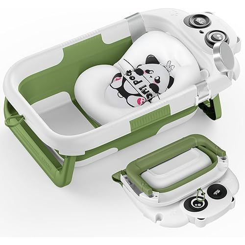 Collapsible Baby Bathtub for Newborn, Baby Bath Tub with Thermometer & Soft Floating Cushion & Drain Hole for Infant to Toddler, Portable Travel Bathtub with No-Slip Feet for 0-36 Months-Green