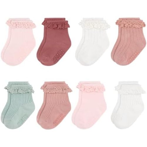 4/8 Pack Baby Girls Anti Slip Ruffle Socks Grip Cotton Infant Frilly 0-2T