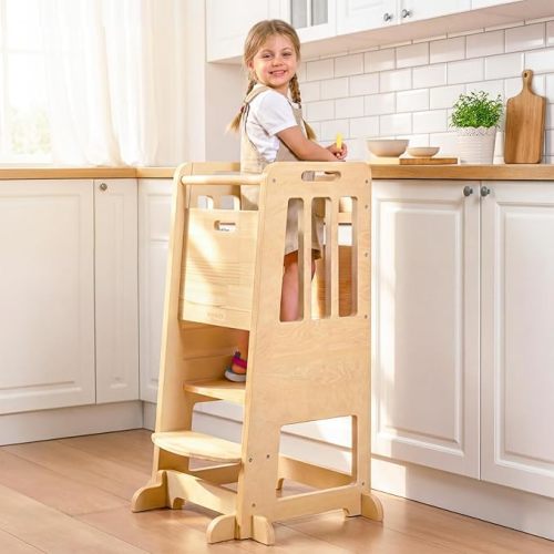 WINGYZ Toddler Tower - Anti-Tip Natural Wood Learning Stool Helper for Kids 18M-6Y, 150lb Capacity Kitchen Stool with 3-Height Adjustable Platform and Sliding Door Access, 20lb Portable Design, Wood