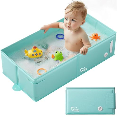 Bella’s Friends Baby Collapsible Bathtub, Travel Bath Tub for Baby, Foldable and Portable, Easy Storage, Reinforced Structure, Lightweight, Travel Essentials for 6M-3Y Infant Toddler, Green