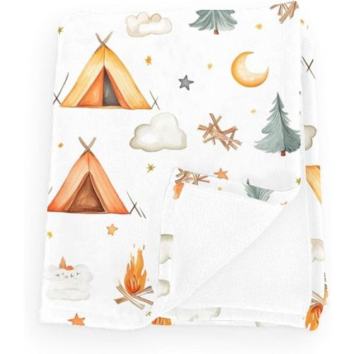 Cute Camping Tent Pine Baby Boy Girl Blankets Campfire Trees Moon Stars Cloud Swaddle Blankets Flannel Receiving Blanket Outdoor Adventure Bed Blanket for Newborn Toddler Tree 30x40inch