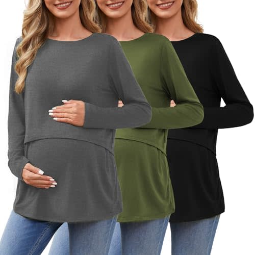 Ecavus Women's 3Pack Maternity Nursing Shirts Long Sleeve Double Layer Breastfeeding Shirts Comfy Pregnancy Clothes