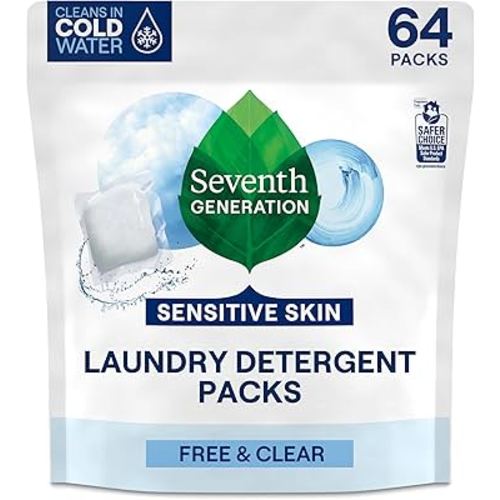 Seventh Generation Laundry Detergent Packs, Free & Clear, Made for Sensitive Skin, EPA Safer Choice Certified, 64 Count