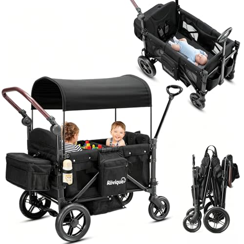 Rovique Wagon Stroller for 2 Kids,Stroller Wagon,Premium Wagon for Kids | All-Terrain Rubber Wheels,Removable Canopy,Snack Tray,Parent Cup Holder,5-Point Harness,Adjustable Handle,Storage Bag,Black