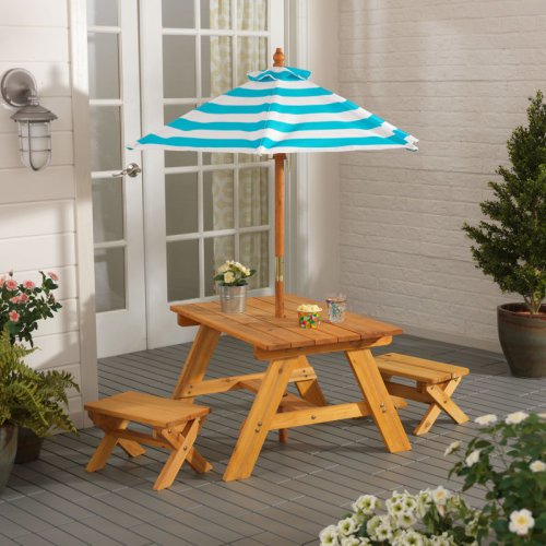 KidKraft Outdoor Wooden Table & Bench Set, Striped Umbrella, Turquoise and White & Reviews | Wayfair