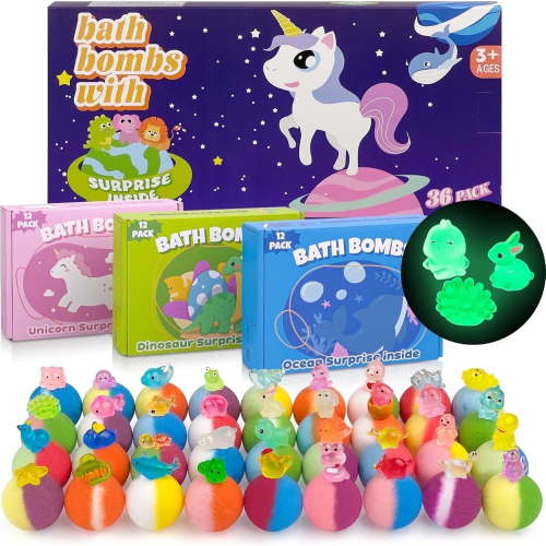 36Pcs Bath Bombs for Kids, Bubble Bath Bombs with Glow in The Dark Dinosuar, Animal and Ocean Surprise Toy Inside, Organic Gift Set for Birthday-PickMora
