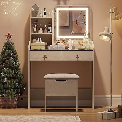 GarveeHome Vanity Desk with LED Light Mirror and Charging Station,Small Makeup Vanities Set with 2 Drawers for Girls Women with Storage Stool (White + Grey Tabletop)