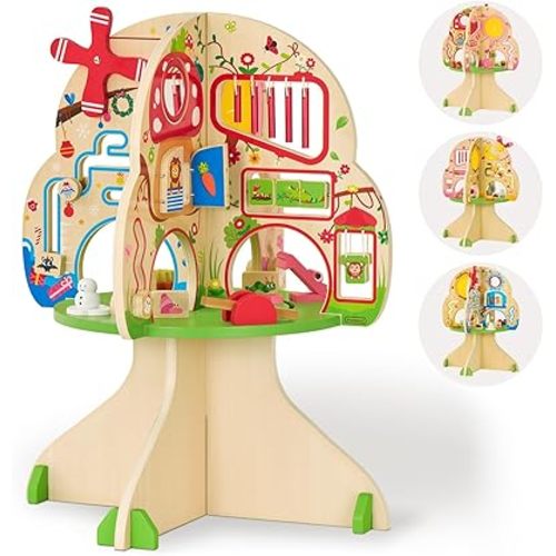 Monläurd® Montessori Wooden Tree Activity Center, Sensory Table & Busy Board for Toddlers 1-3, 4-Season Learning Activity Cube for Playroom & Daycare