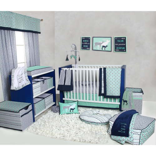 Bacati TRMNA10CSN Noah Tribal Mint/Navy 10-Piece Nursery Crib Cotton Percale Bedding Set