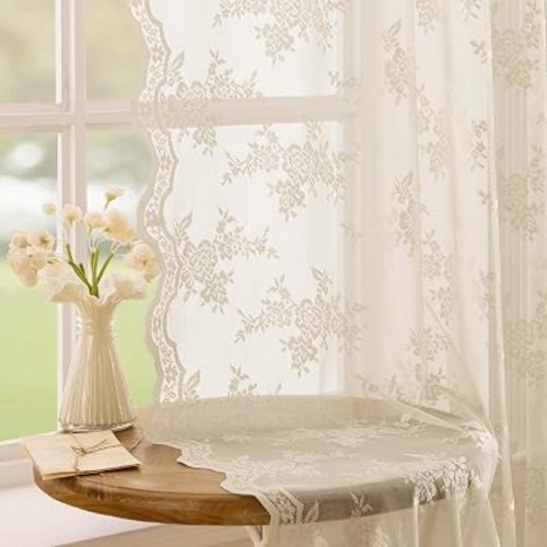 Beige Lace Curtains 84 Inches Long Vintage Floral Sheer Curtains