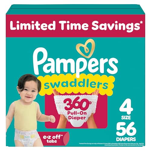 Pampers Diapers - Swaddlers 360° - Size 4, 56 Count, up to 100% Leakproof Comfy Dry Fit, Designed for Easy Changes, Pull On Baby Diaper (Packaging May Vary)