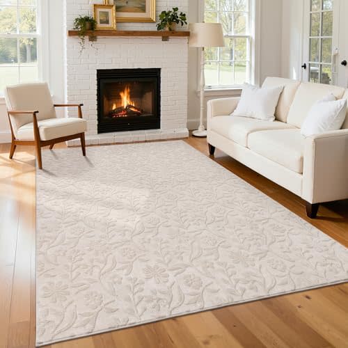 5x7 Area Rug for Living Room, Beige Throw Carpet for Bedroom | Soft Fluffy Washable Modern Floral Indoor Floor Mat, Non Slip Shaggy Boho Nursery Rug for Dining Room, Office and Dorm