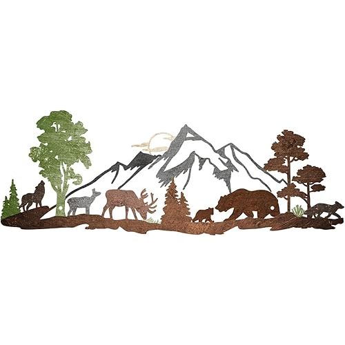 ESTART Mountain Range Metal Wall Art Decor Deer Bear Metal Wall Art Woodland Rustic Animal Hunting Forest Home Decor for Living Room Bedroom Bathroom Cabin Wall Decoration, 15.7 x 5.7 Inch (Colorful)