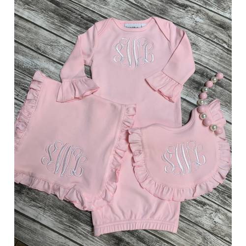 Monogram Pink Baby Girl gown set, Infant gown bib burp cloth set, pink baby gown, burp cloth, bib, ruffle gown, going home gown, day gown