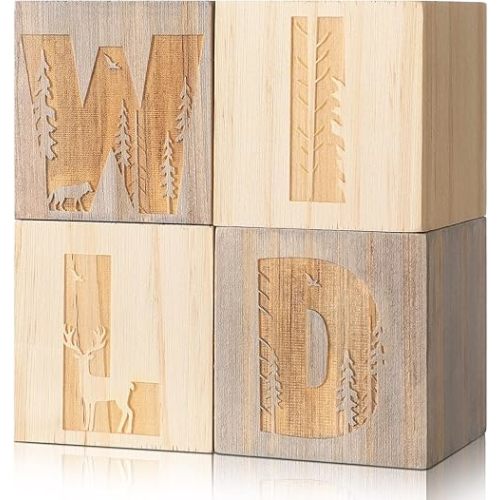 4 Pcs Woodland Nursery Decor Nursery Wood Shelf Blocks for Bedroom Playroom Gifts Wild Sign Woodland Table Blocks Decor for Boys Girls