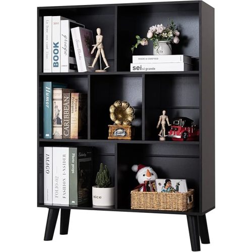 YAHARBO Black Bookshelf,3 Tier Modern Bookcase with Legs,Bookshelves Wood Storage Shelf, Open Book Shelves Cube Organizer,Freestanding Short Bookcases