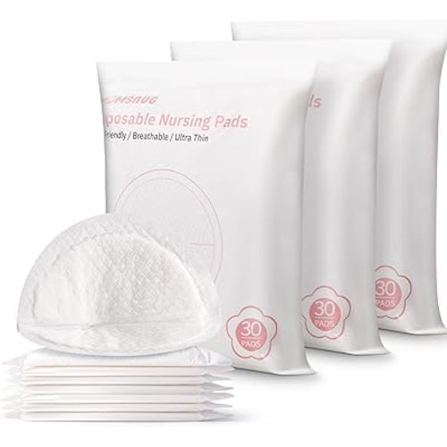 Disposable Nursing Pads for Breastfeeding 90 Count, Super Absorbent & Breathable Ultra-Thin Breast Pads for Moms, Leakproof & Stay Dry Nipple Pads, Soft Design, Individually Wrapped (Day & Night Use)