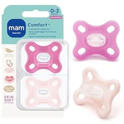 MAM Comfort Baby Pacifier 0-3 Months Specially for Smaller Newborn Mouths, Lightweight One-Piece BPA-Free Silicone, Easy to Clean, Best for Breastfed Babies, 2 Pk, Sterilizer Case, Made in Europe