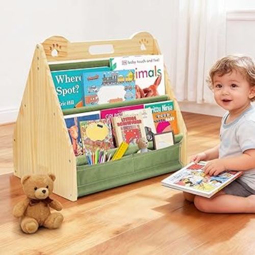 Small Bookshelf for Kids and Toddler, Double-Sided Baby Bookshelf, Montessori Kids Bookcase, Baby Book Shelf for Nursery (Green)