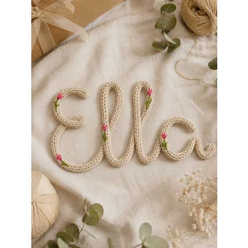 Floral Name Sign Nursery, Embroidered Flower Wall Decor, Personalized Baby Name Gift, Custom Knitted Name Wall Hanging, Boho Kids Room Art